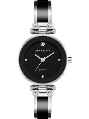 Women's Black Silver Analog Quartz Bracelet Genuine Diamond Dial Bangle Watch